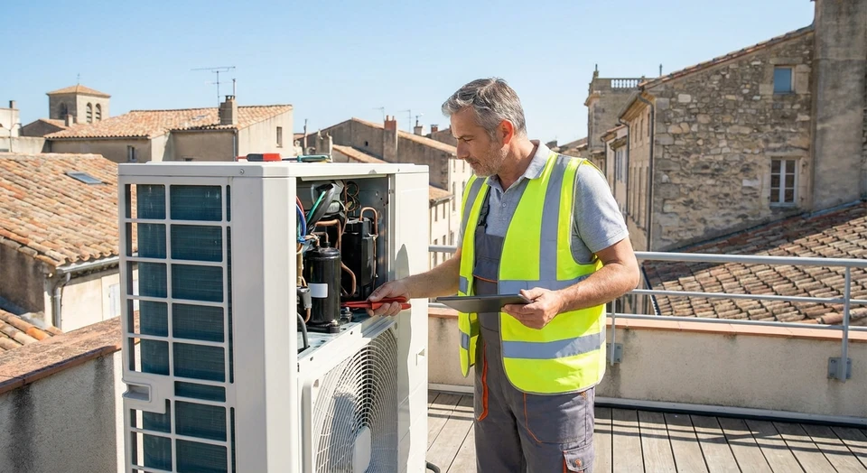 Artisan frigoriste en tenue professionnelle effectuant une intervention de maintenance ou d'installation sur une unité de climatisation ou une pompe à chaleur en milieu professionnel (commerce, bureau ou domicile). L'artisan manipule les équipements avec expertise, montrant le savoir-faire technique. Image réelle de jour, bien éclairée, mettant en avant la compétence professionnelle et l'expérience du métier.
