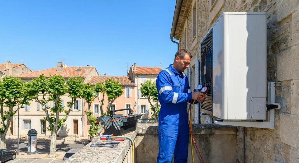 Technicien qualifié en combinaison de travail professionnelle effectuant une intervention de maintenance sur une unité de climatisation réversible ou une pompe à chaleur installée en façade d'un bâtiment commercial ou résidentiel, avec des outils professionnels visibles. Le technicien doit être en train de travailler activement sur l'équipement, incarnant l'expertise et la fiabilité des interventions certifiées RGE et Qualipac de l'entreprise.